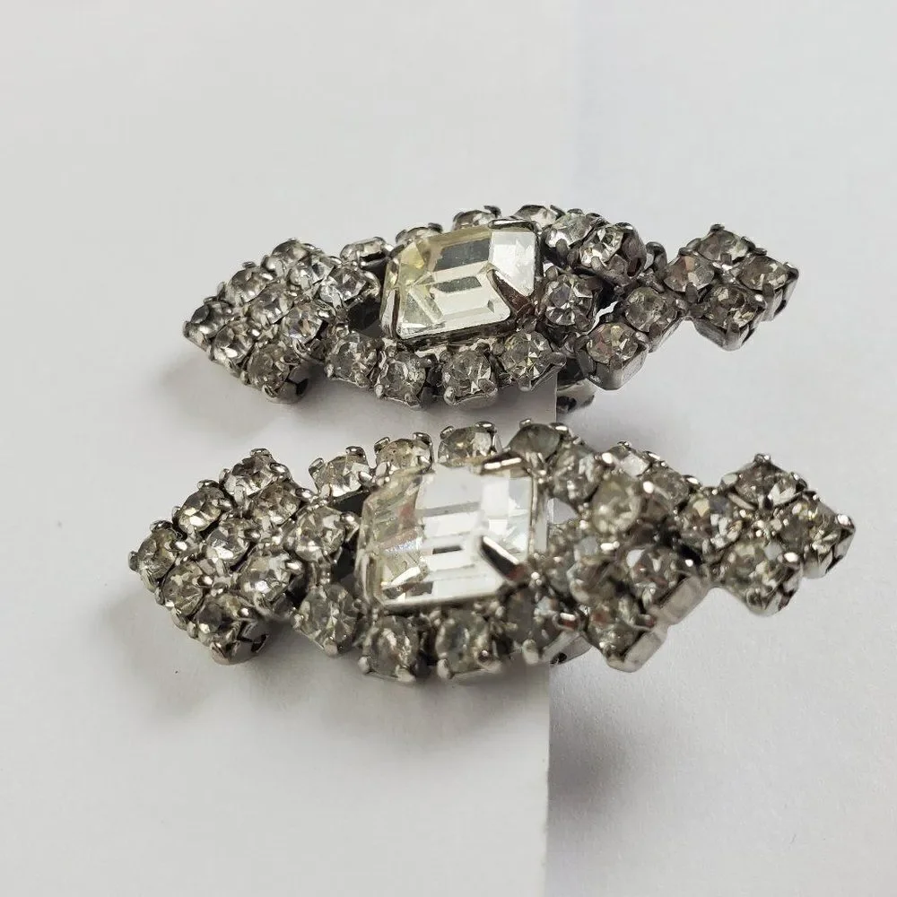 Vintage Clear Crystal Rhinestone Glass Statement Silver Tone Clip‎ On Earrings - Picture 5 of 10